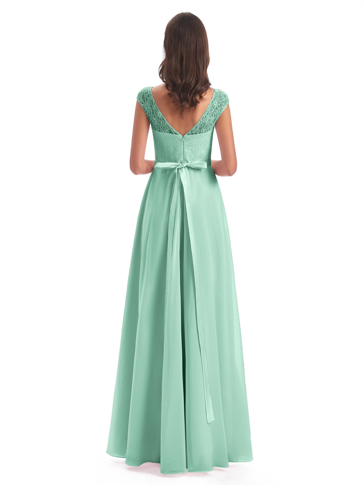 Treasure Cap Sleeves Lace Long Bridesmaid Dresses