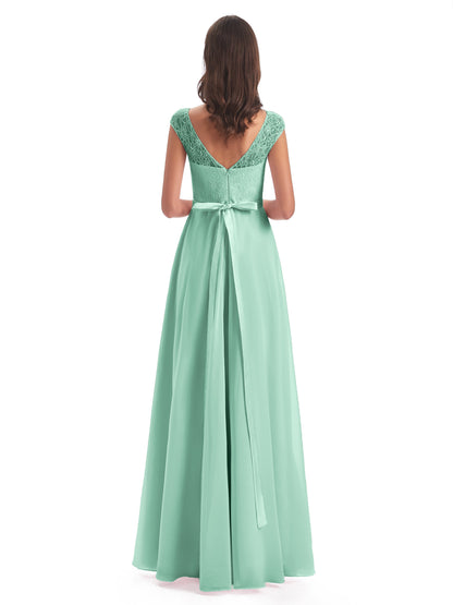 Treasure Cap Sleeves Lace Long Bridesmaid Dresses