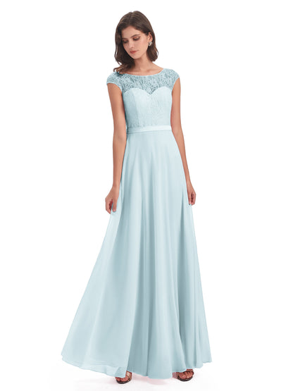 Treasure Cap Sleeves Lace Long Bridesmaid Dresses