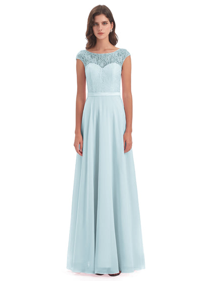 Treasure Cap Sleeves Lace Long Bridesmaid Dresses