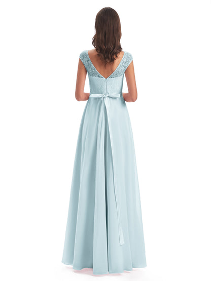Treasure Cap Sleeves Lace Long Bridesmaid Dresses
