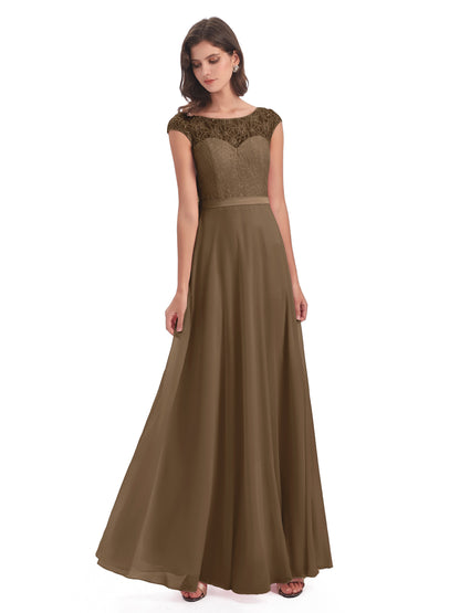 Treasure Cap Sleeves Lace Long Bridesmaid Dresses