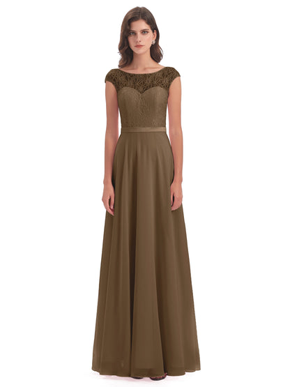 Treasure Cap Sleeves Lace Long Bridesmaid Dresses