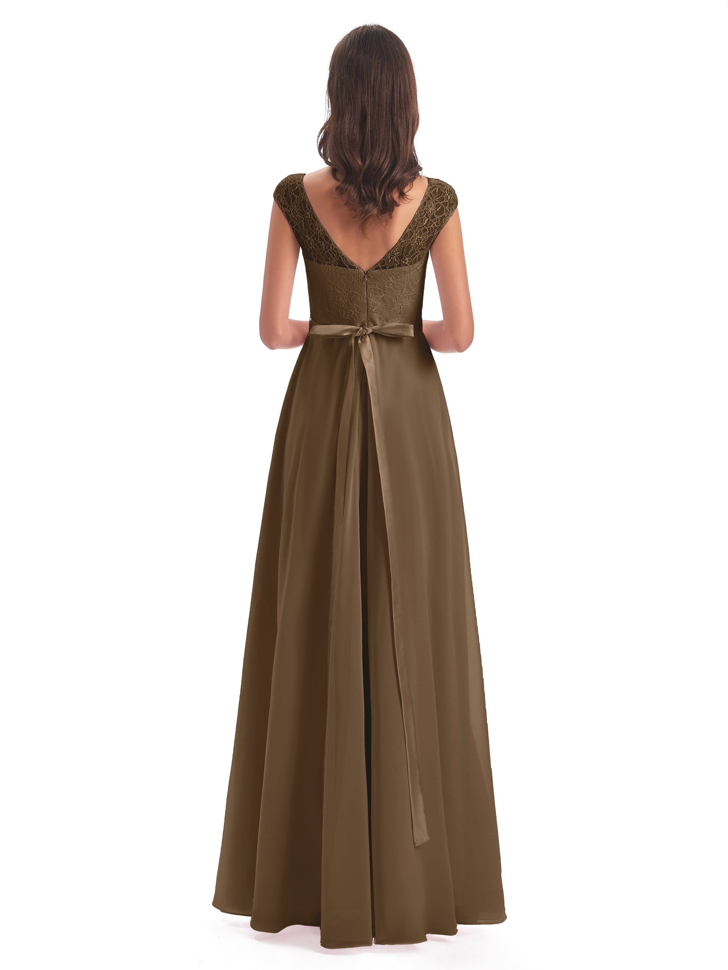 Treasure Cap Sleeves Lace Long Bridesmaid Dresses