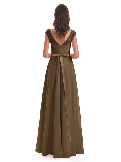 Treasure Cap Sleeves Lace Long Bridesmaid Dresses