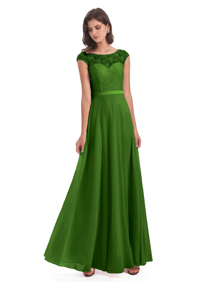 Treasure Cap Sleeves Lace Long Bridesmaid Dresses
