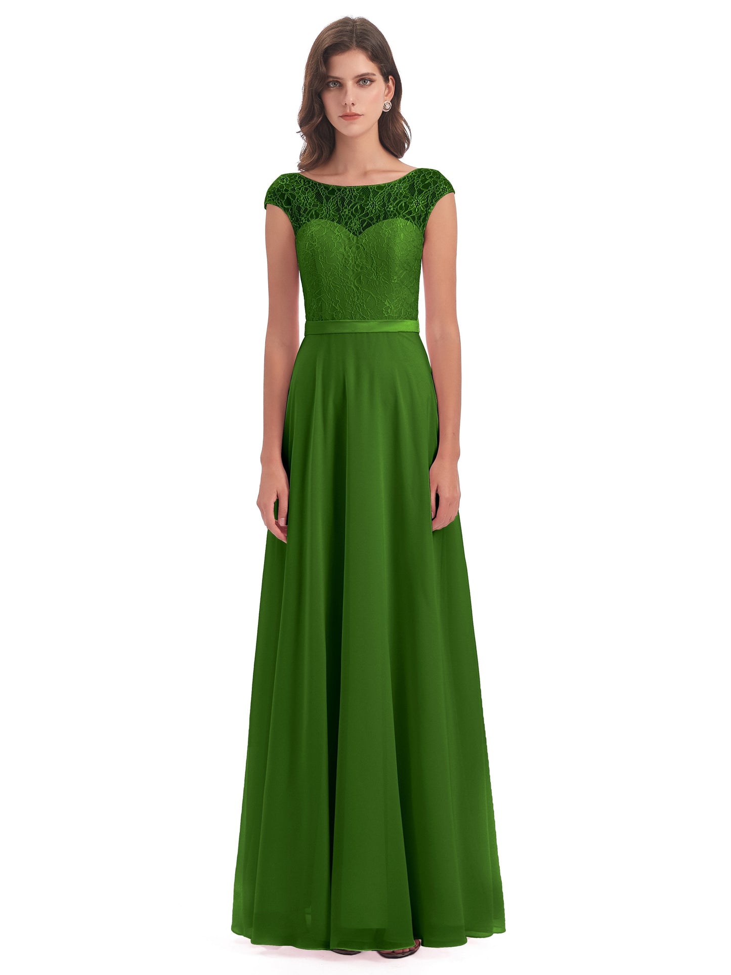 Treasure Cap Sleeves Lace Long Bridesmaid Dresses