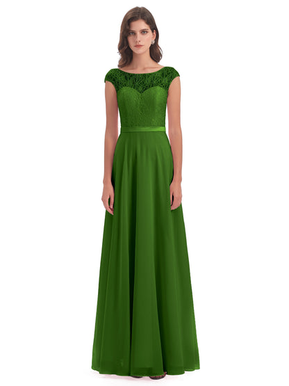 Treasure Cap Sleeves Lace Long Bridesmaid Dresses