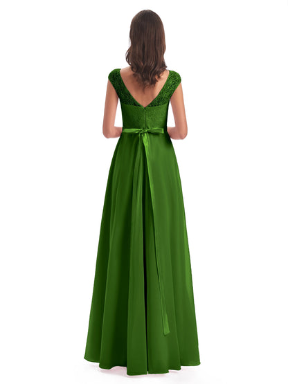 Treasure Cap Sleeves Lace Long Bridesmaid Dresses
