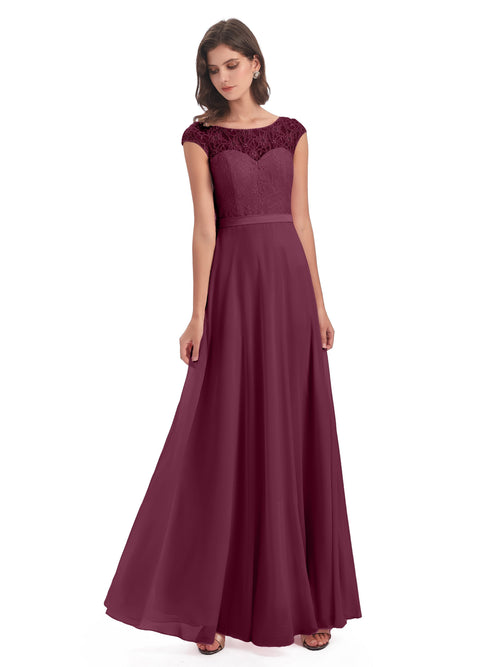 Treasure Cap Sleeves Lace Long Bridesmaid Dresses