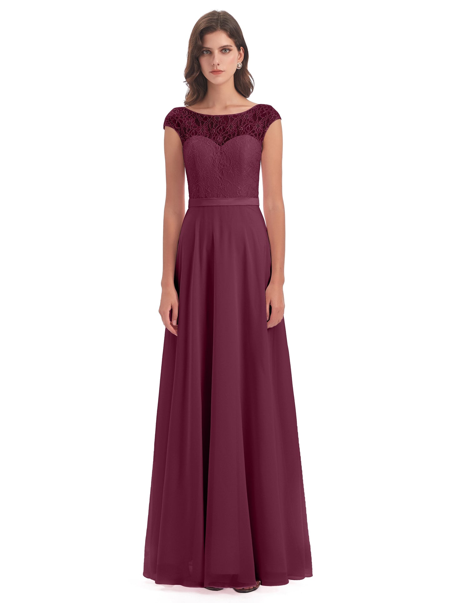 Treasure Cap Sleeves Lace Long Bridesmaid Dresses