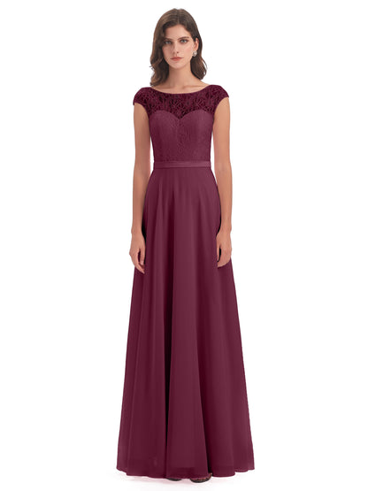 Treasure Cap Sleeves Lace Long Bridesmaid Dresses