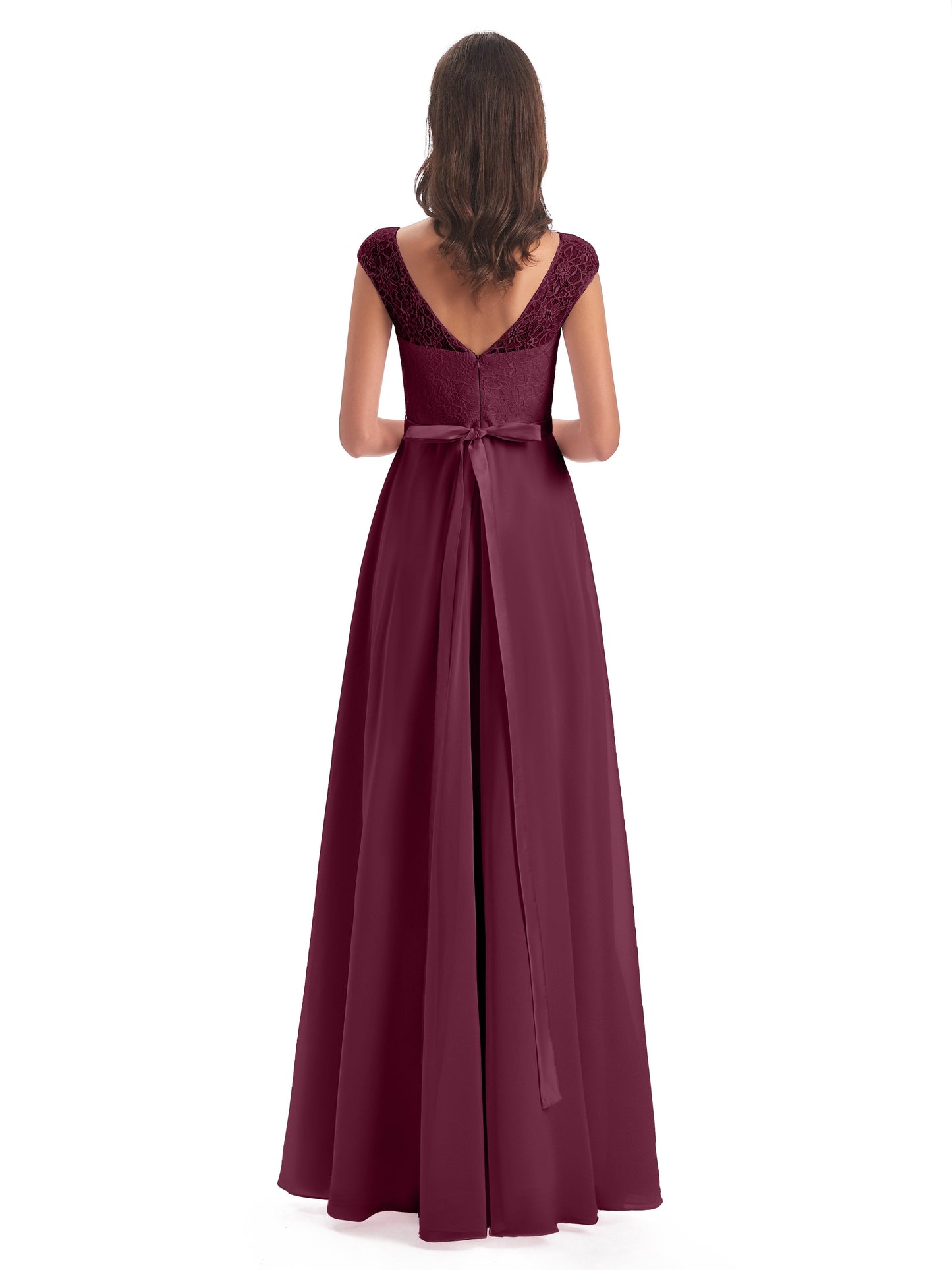 Treasure Cap Sleeves Lace Long Bridesmaid Dresses