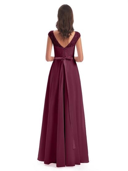Treasure Cap Sleeves Lace Long Bridesmaid Dresses