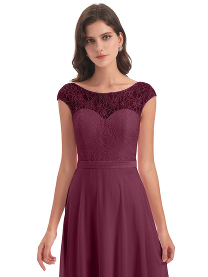 Treasure Cap Sleeves Lace Long Bridesmaid Dresses