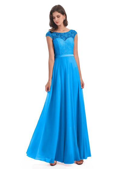 Treasure Cap Sleeves Lace Long Bridesmaid Dresses