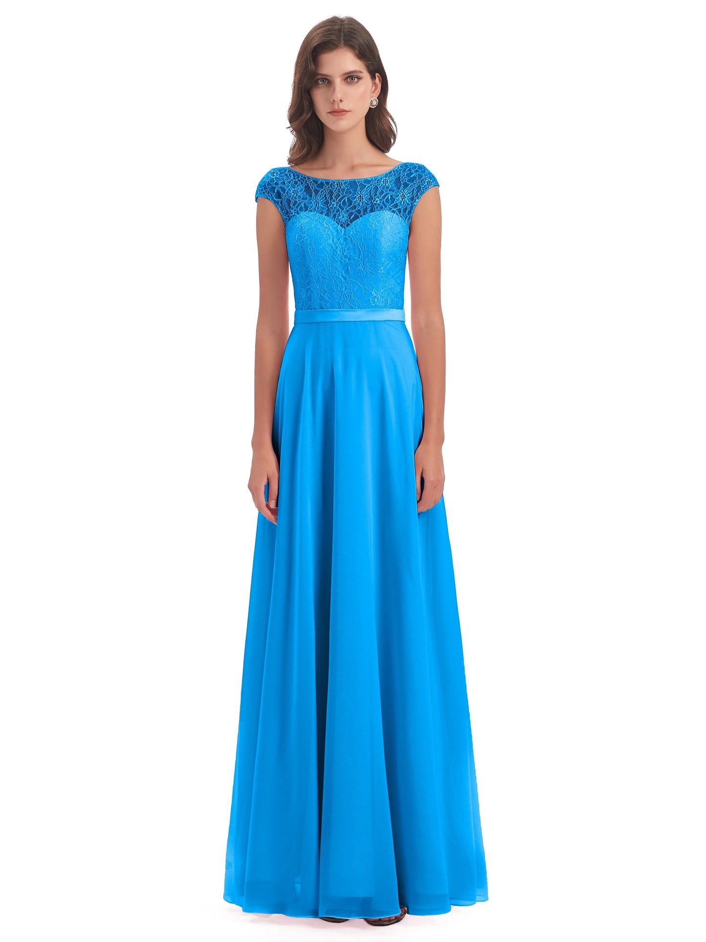 Treasure Cap Sleeves Lace Long Bridesmaid Dresses