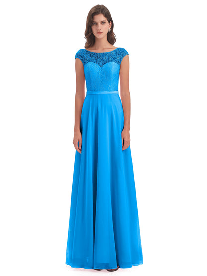 Treasure Cap Sleeves Lace Long Bridesmaid Dresses