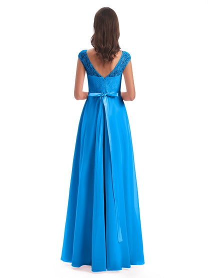 Treasure Cap Sleeves Lace Long Bridesmaid Dresses