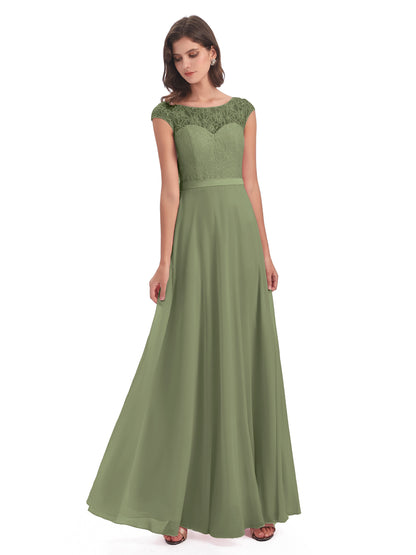 Treasure Cap Sleeves Lace Long Bridesmaid Dresses