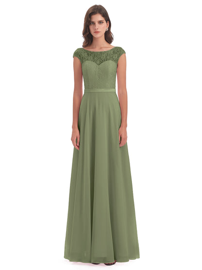Treasure Cap Sleeves Lace Long Bridesmaid Dresses
