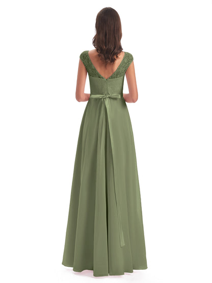 Treasure Cap Sleeves Lace Long Bridesmaid Dresses