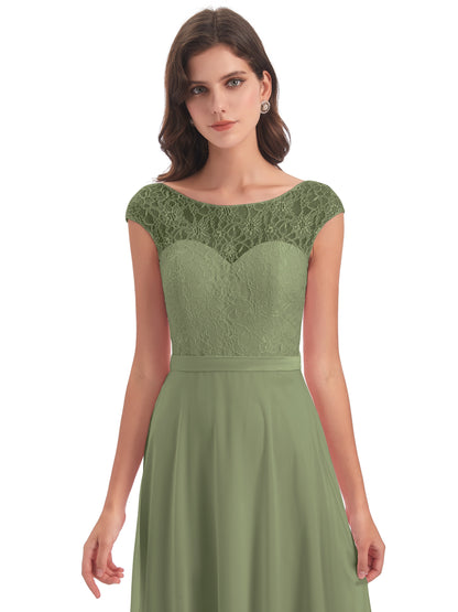 Treasure Cap Sleeves Lace Long Bridesmaid Dresses