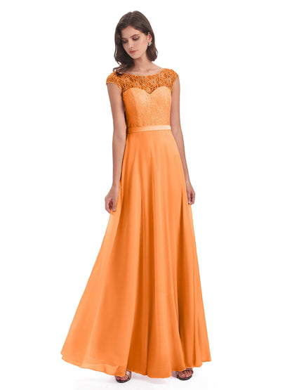 Treasure Cap Sleeves Lace Long Bridesmaid Dresses