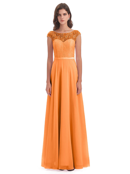 Treasure Cap Sleeves Lace Long Bridesmaid Dresses