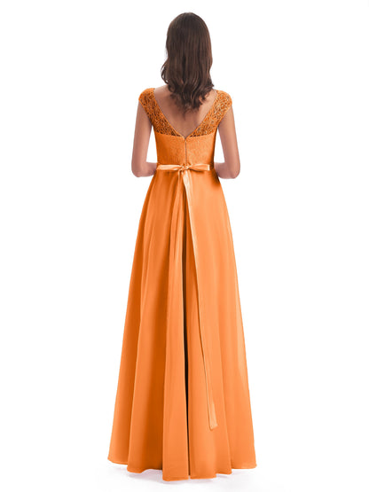Treasure Cap Sleeves Lace Long Bridesmaid Dresses