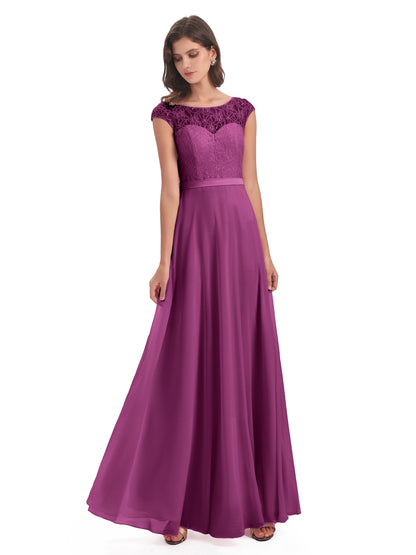 Treasure Cap Sleeves Lace Long Bridesmaid Dresses