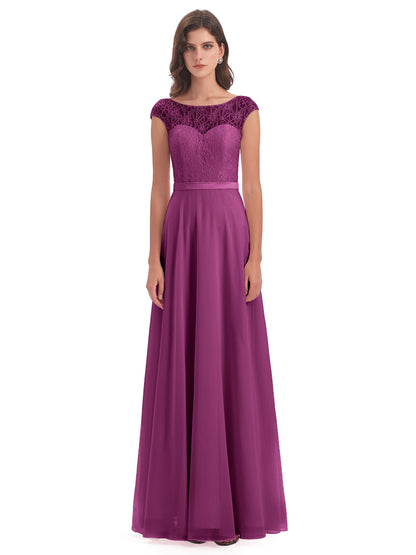 Treasure Cap Sleeves Lace Long Bridesmaid Dresses