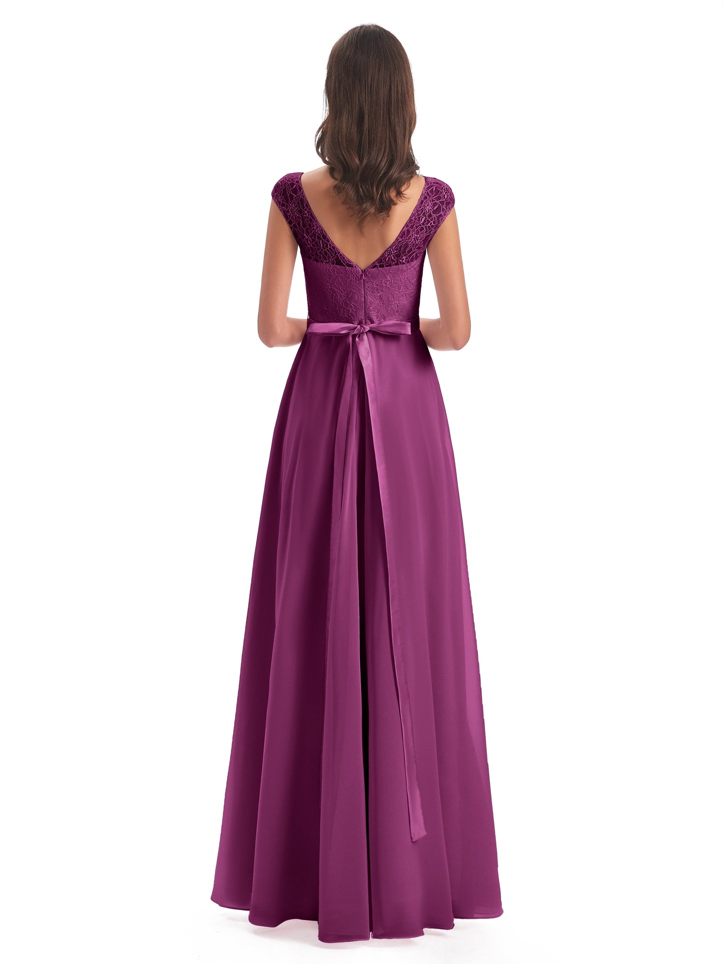 Treasure Cap Sleeves Lace Long Bridesmaid Dresses