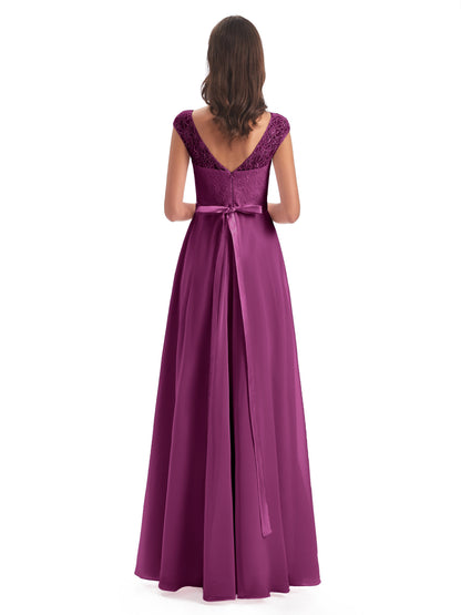 Treasure Cap Sleeves Lace Long Bridesmaid Dresses