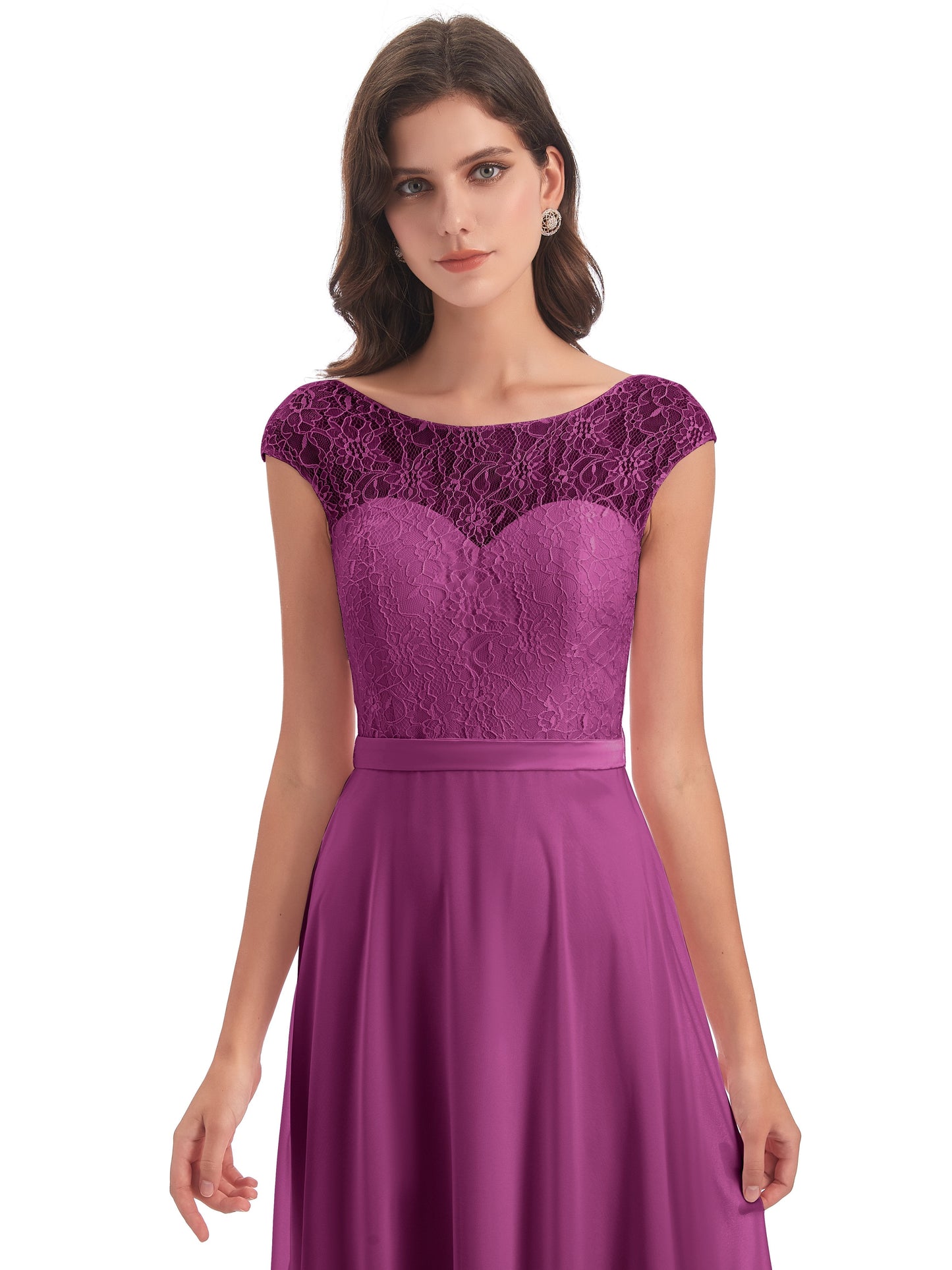 Treasure Cap Sleeves Lace Long Bridesmaid Dresses