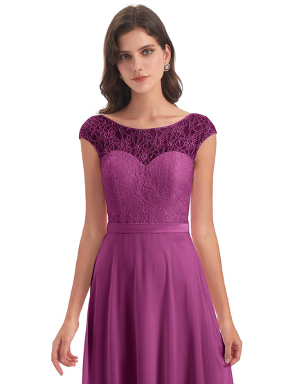 Treasure Cap Sleeves Lace Long Bridesmaid Dresses