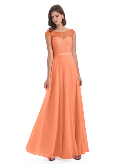 Treasure Cap Sleeves Lace Long Bridesmaid Dresses
