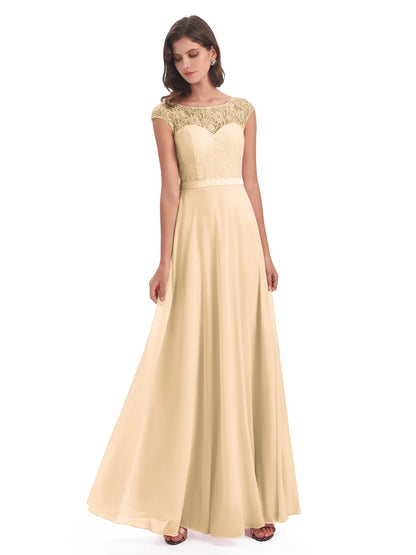 Treasure Cap Sleeves Lace Long Bridesmaid Dresses