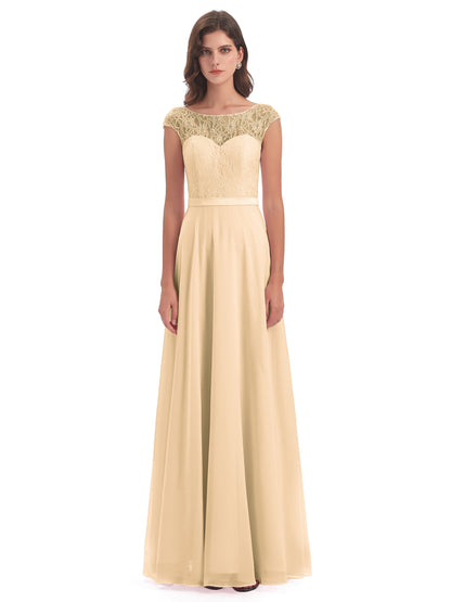 Treasure Cap Sleeves Lace Long Bridesmaid Dresses