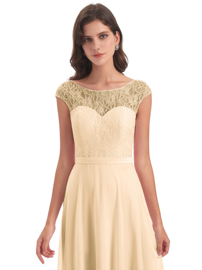 Treasure Cap Sleeves Lace Long Bridesmaid Dresses