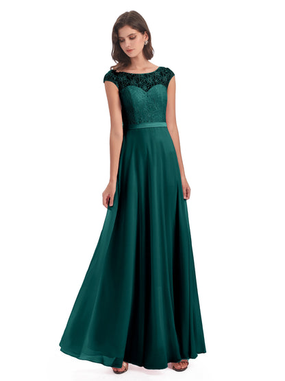 Treasure Cap Sleeves Lace Long Bridesmaid Dresses