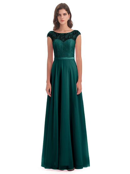 Treasure Cap Sleeves Lace Long Bridesmaid Dresses