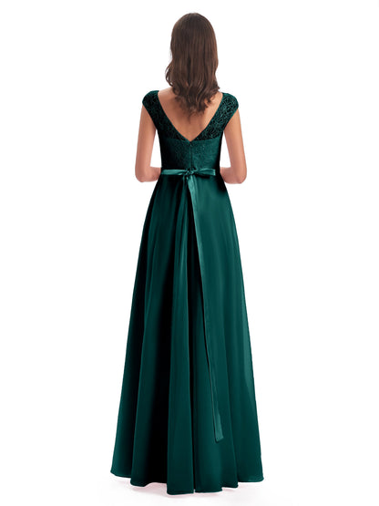 Treasure Cap Sleeves Lace Long Bridesmaid Dresses