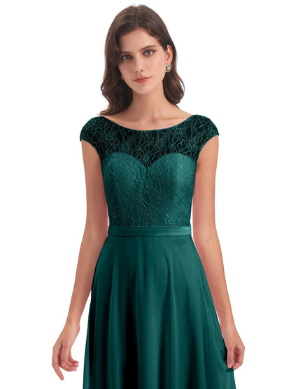 Treasure Cap Sleeves Lace Long Bridesmaid Dresses
