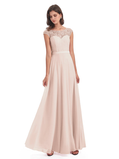 Treasure Cap Sleeves Lace Long Bridesmaid Dresses