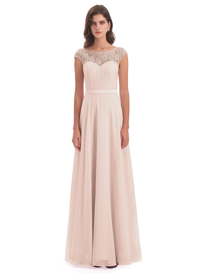 Treasure Cap Sleeves Lace Long Bridesmaid Dresses