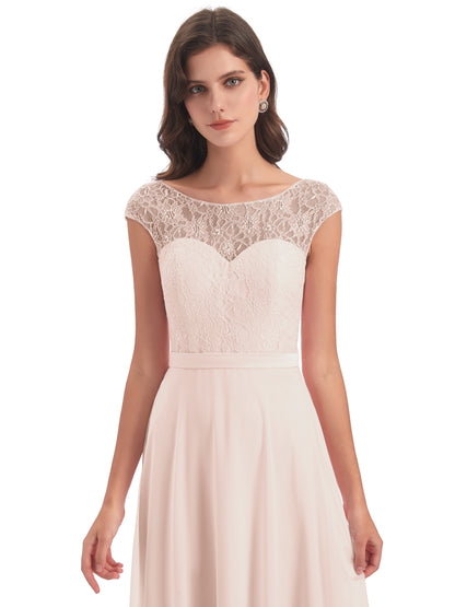 Treasure Cap Sleeves Lace Long Bridesmaid Dresses
