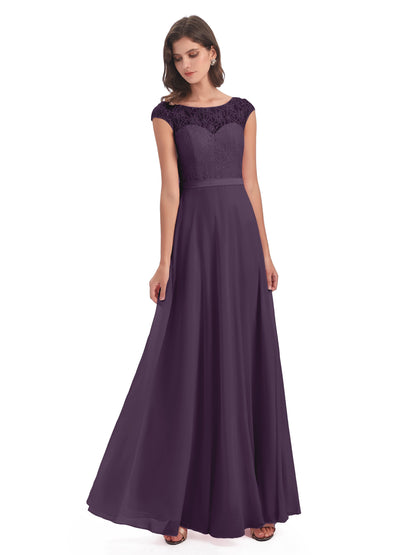 Treasure Cap Sleeves Lace Long Bridesmaid Dresses