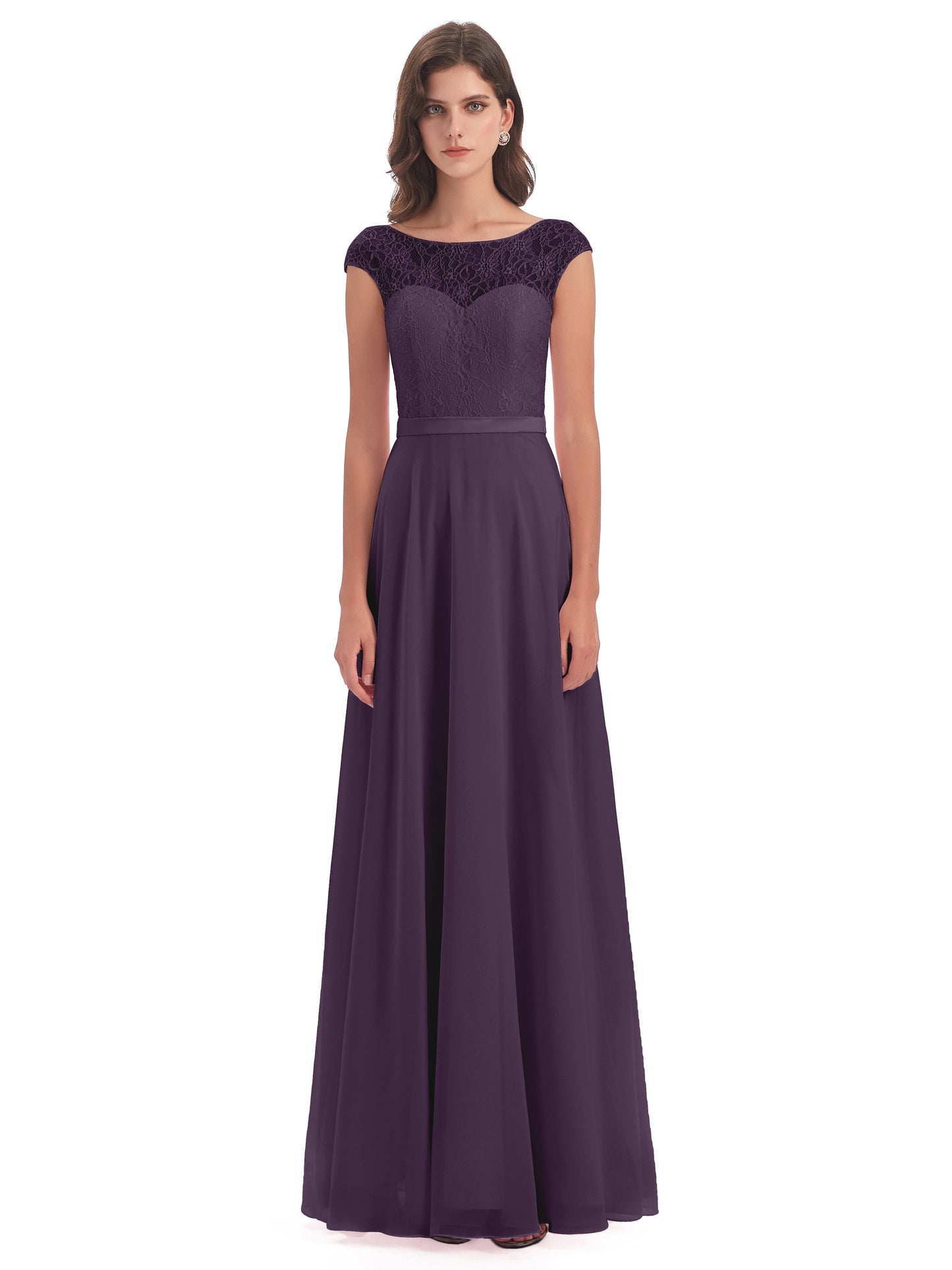 Treasure Cap Sleeves Lace Long Bridesmaid Dresses