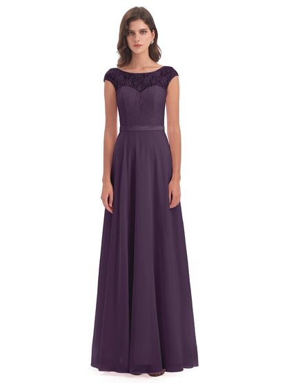 Treasure Cap Sleeves Lace Long Bridesmaid Dresses